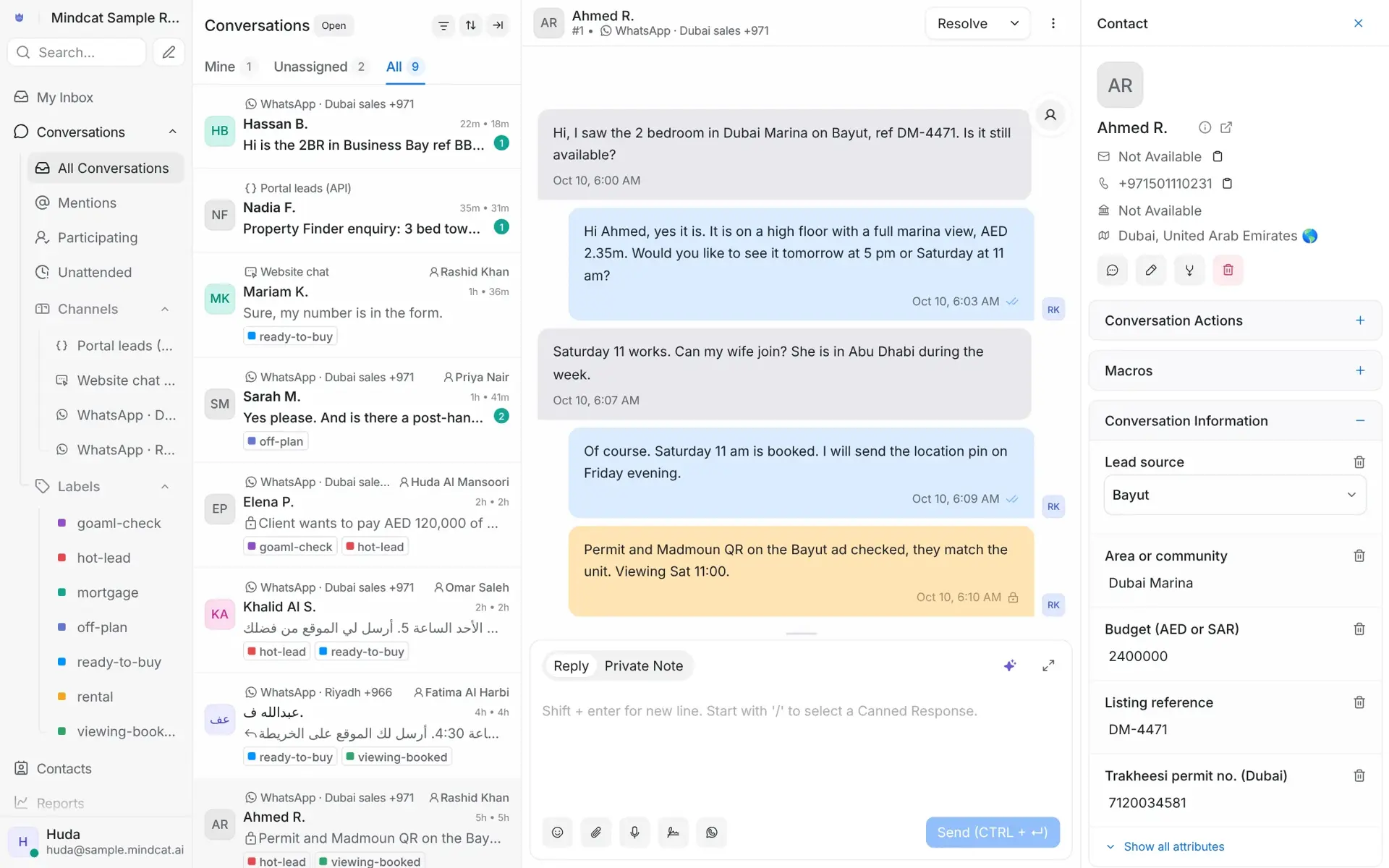 A WhatsApp conversation with Ahmed R. about a Dubai Marina 2-bed from Bayut, a private note that the permit and Madmoun QR were checked, and the lead panel with Trakheesi permit number.