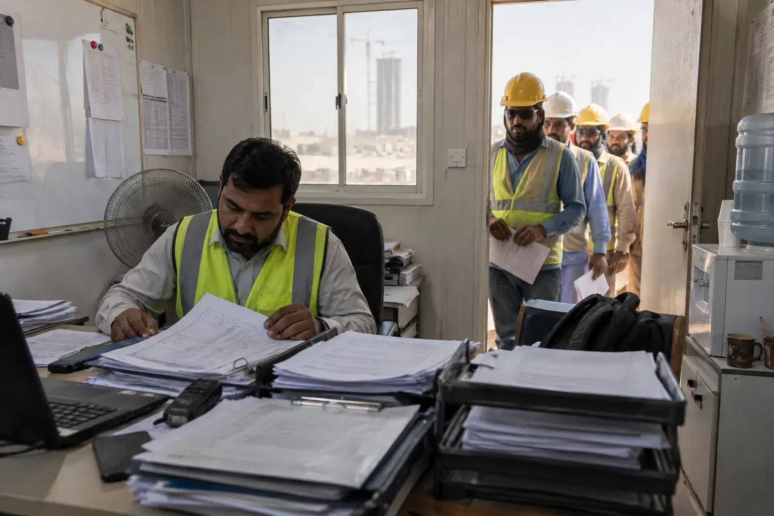 An HSE officer in a hi-vis vest at a desk in a site porta-cabin, buried in printed attendance sheets and binders, while workers in hard hats queue at the open door.