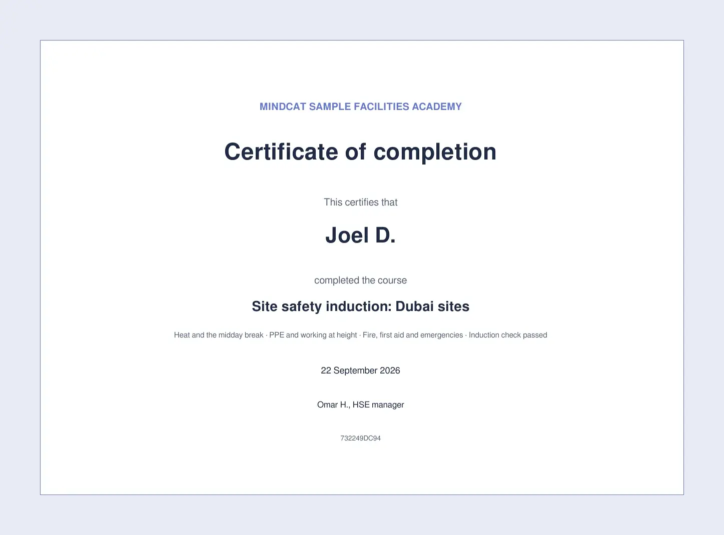 A certificate of completion for Joel D., Site safety induction: Dubai sites, dated 22 September 2026, with the HSE manager’s name and a code.