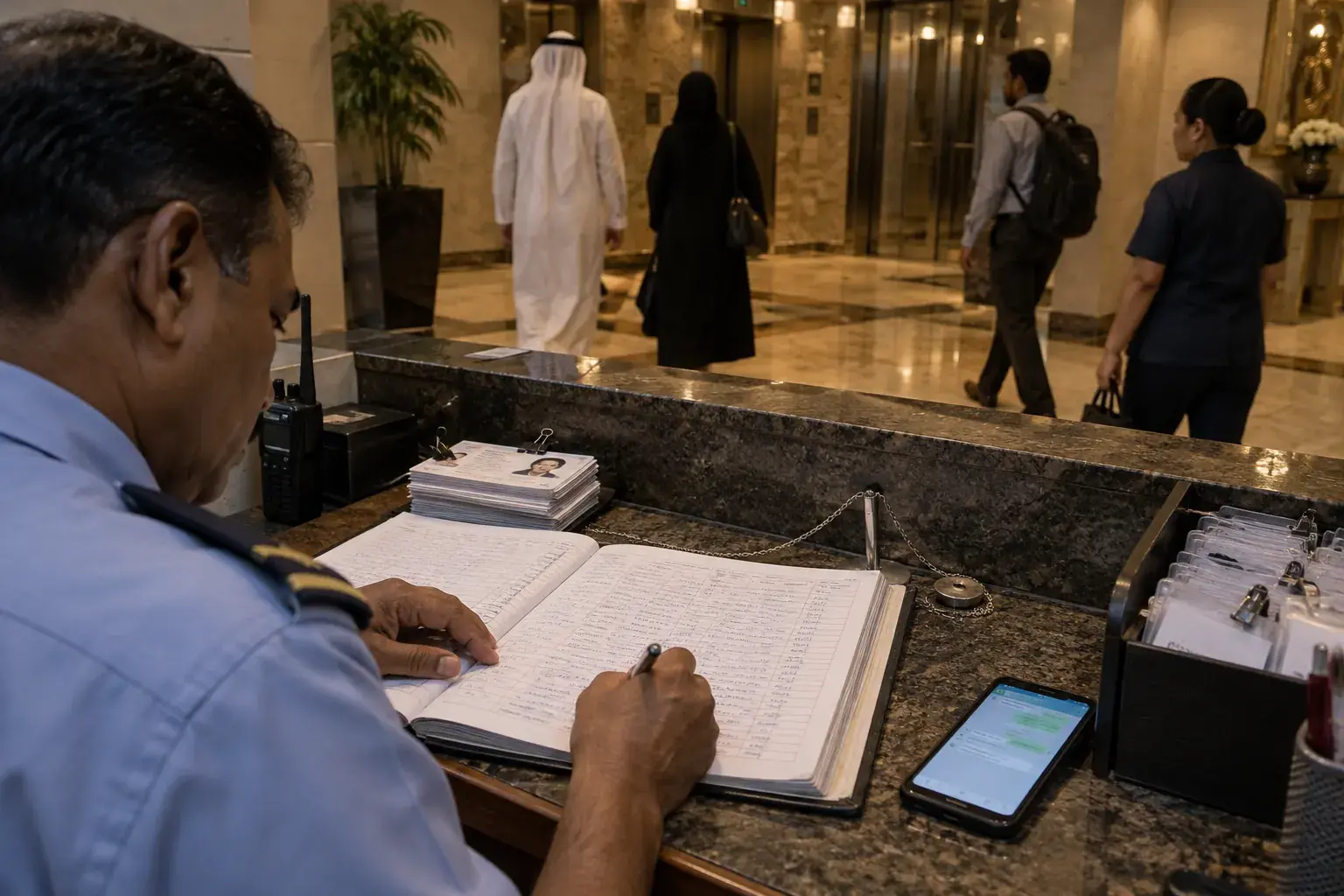 A security guard writes in a thick paper visitor logbook at a granite lobby desk in the evening, beside a stack of photocopied ID cards, a phone with a chat open and a tray of plastic visitor badges.