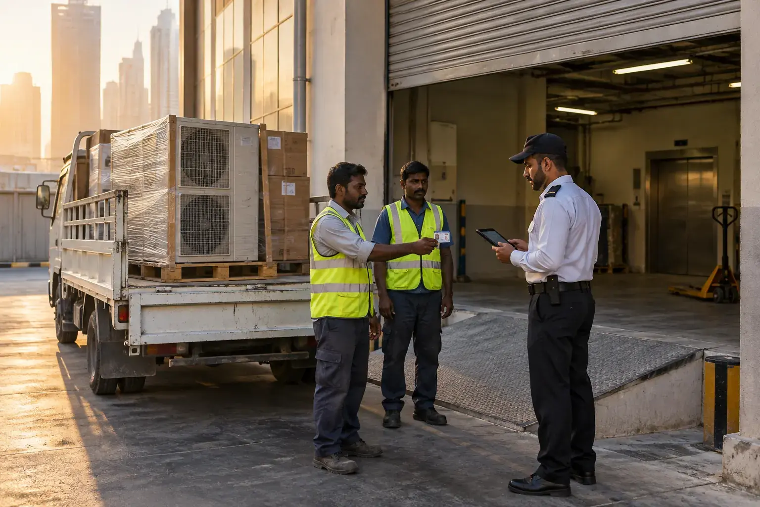 At a Dubai tower’s loading bay at sunrise, a security guard with a tablet checks the ID card of a contractor in a hi-vis vest beside a truck loaded with air-conditioning units.