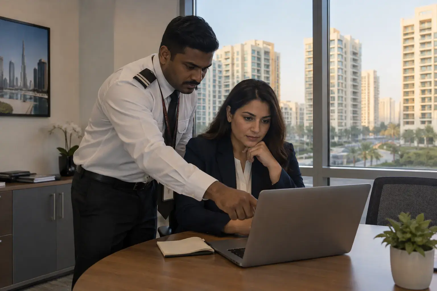 A property operations manager in a navy blazer looks at a laptop while a security supervisor points at the screen, residential towers behind the office window.