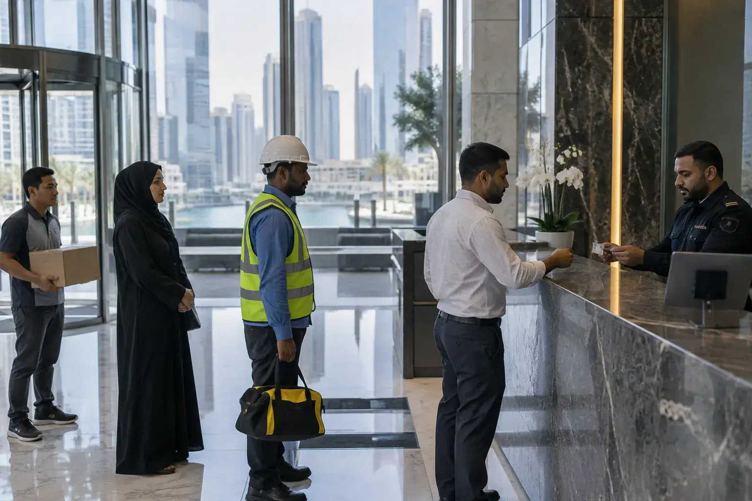 A security guard at the marble reception counter of a glass office lobby takes an ID card from a visitor, while a man holding a parcel, a woman in an abaya and a contractor in a hard hat wait, with towers and a canal outside.