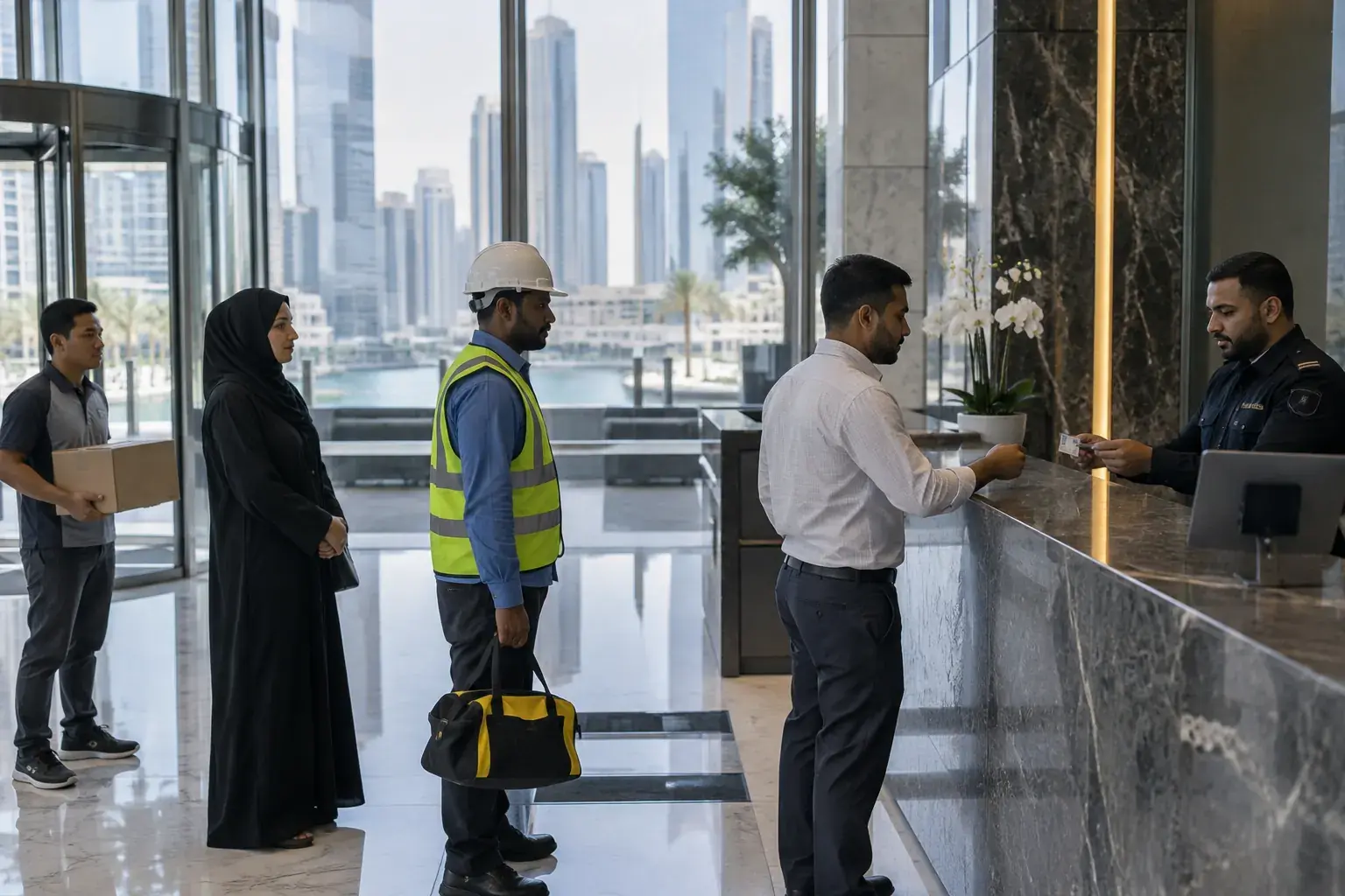 A security guard takes a visitor’s ID card at the marble reception counter of an office tower lobby while three people wait.