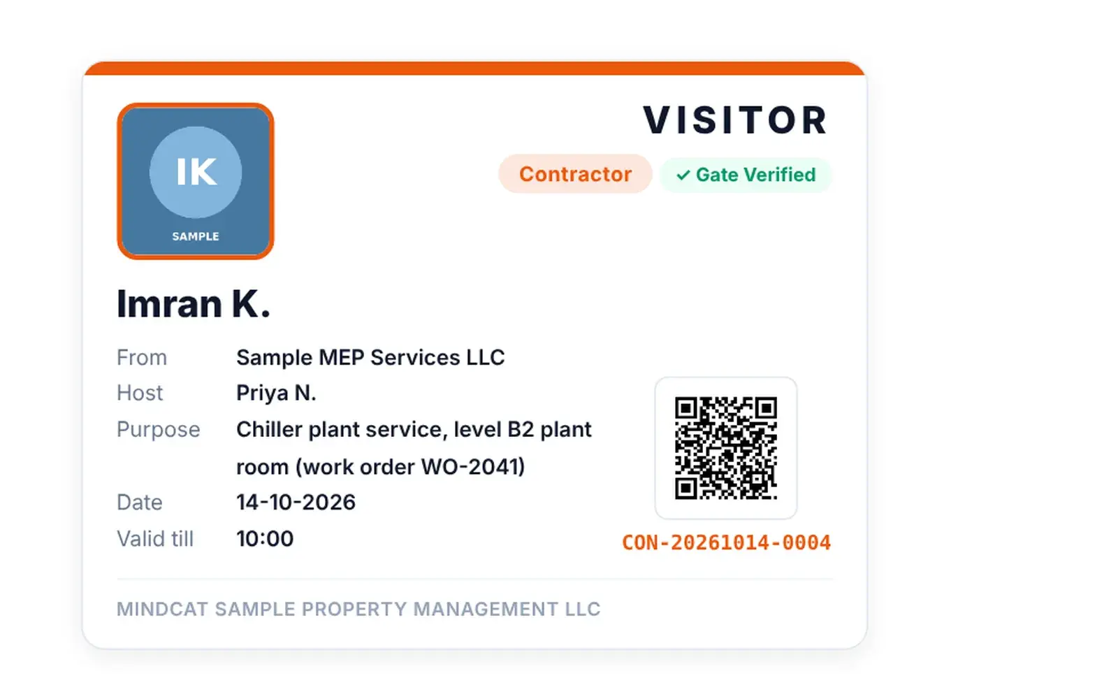 Mindcat Lobby badge for a sample contractor, Imran K. of Sample MEP Services LLC: host Priya N., purpose chiller plant service level B2 plant room with work order WO-2041, date, valid till 10:00, a QR code and the pass number.