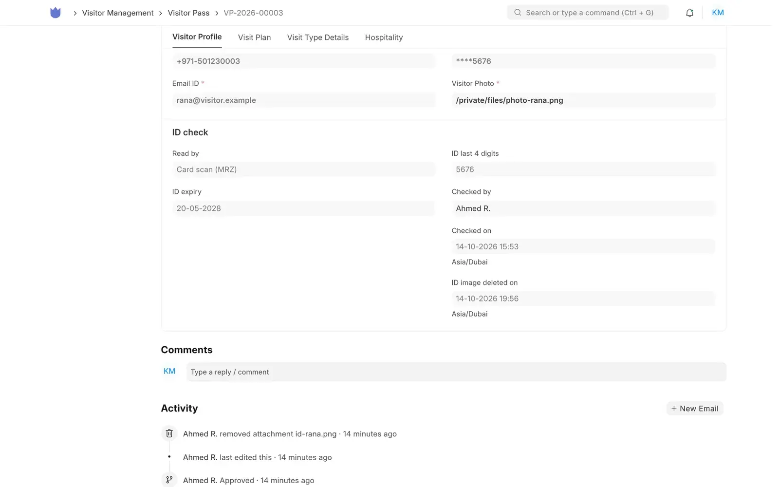 Mindcat Lobby pass after check-out: ID proof number masked as ****5676, ID check section with read by card scan, last 4 digits 5676, expiry, checked by the security supervisor and the time the ID image was deleted, and the activity log showing the attachment removed.