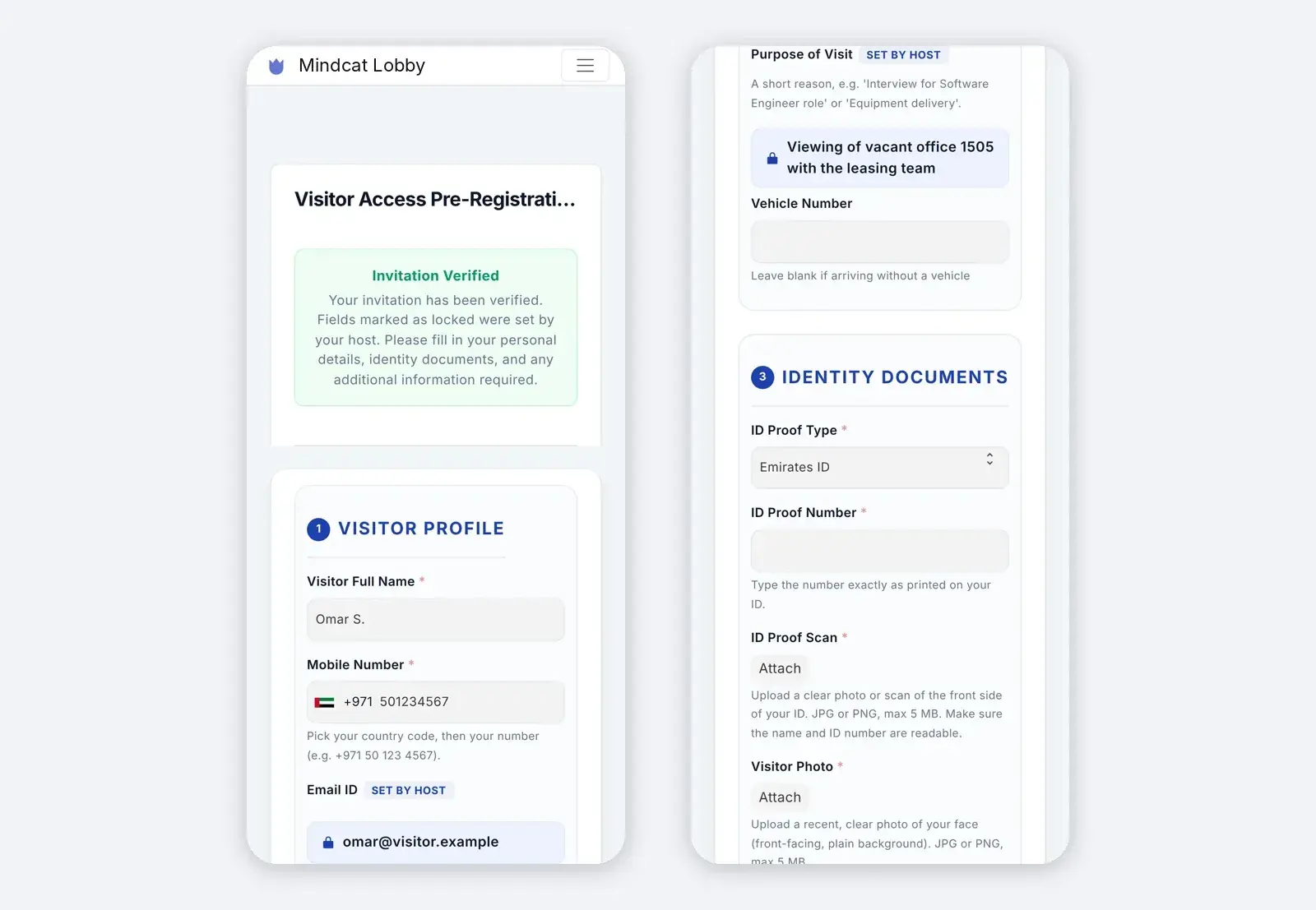 Two phone screens of the Mindcat Lobby invitation form: invitation verified, name Omar S., +971 mobile number and his email set by the host; then the purpose “Viewing of vacant office 1505 with the leasing team” locked by the host, and identity documents with Emirates ID selected.