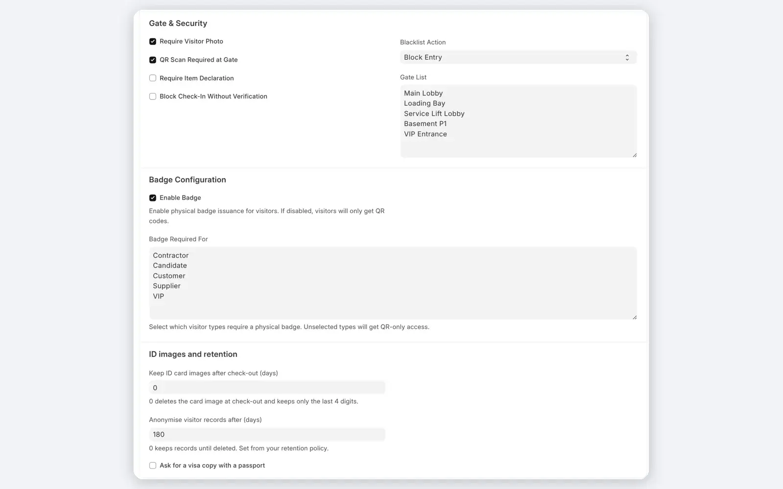 Mindcat Lobby settings for a sample site: require visitor photo and QR scan at gate, block entry for watchlisted visitors, the gate list, badge settings, and ID images and retention with 0 days to keep card images after check-out and 180 days before records are anonymised.