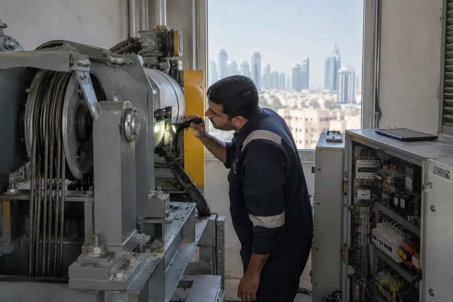 A lift engineer inspects the traction machine with a torch in a machine room above a residential tower in Al Barsha, Dubai, with a tablet on the control cabinet.