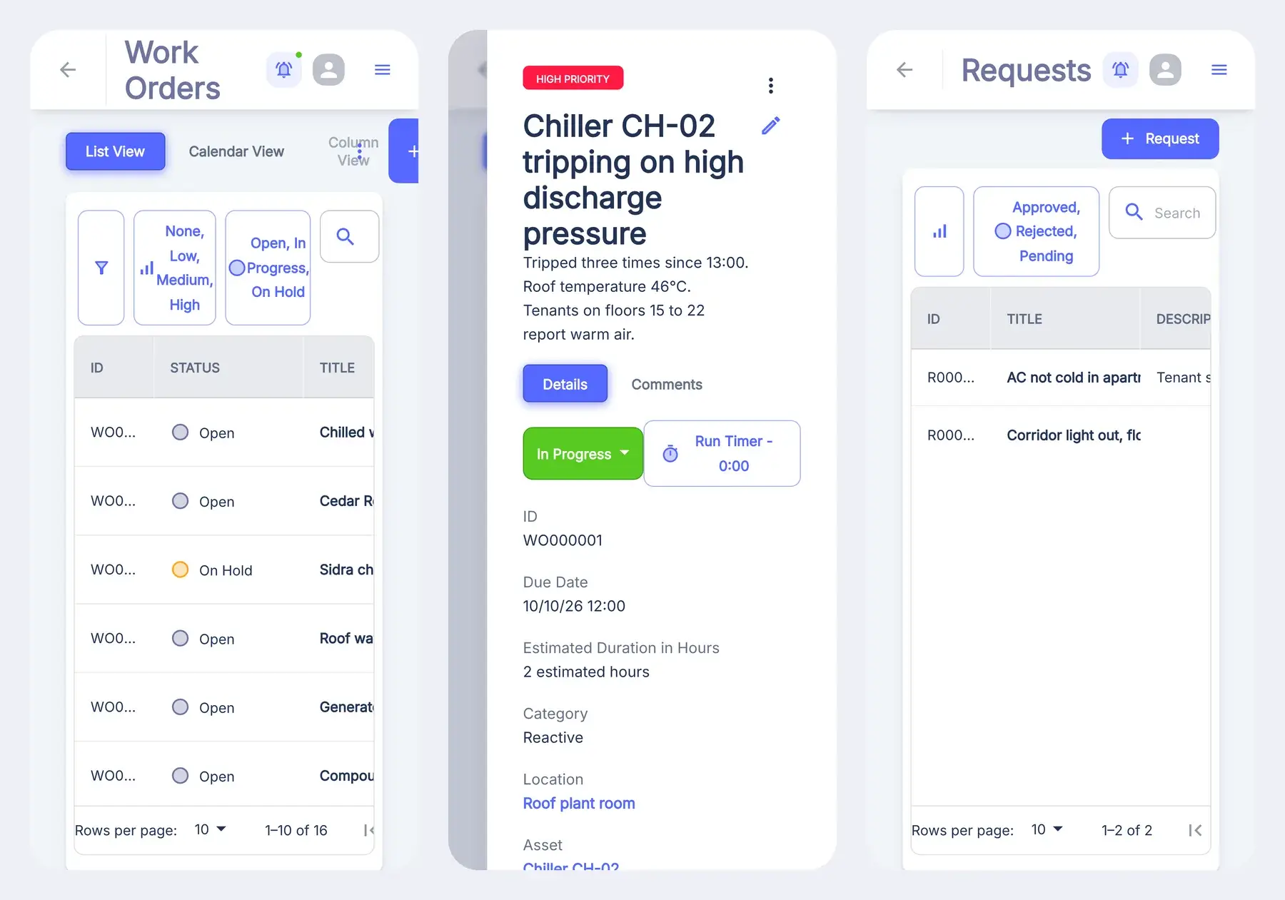 Three phone screens of Mindcat Maintain: a technician’s work-order list, the job Chiller CH-02 tripping on high discharge pressure in progress, and a tenant’s request list.