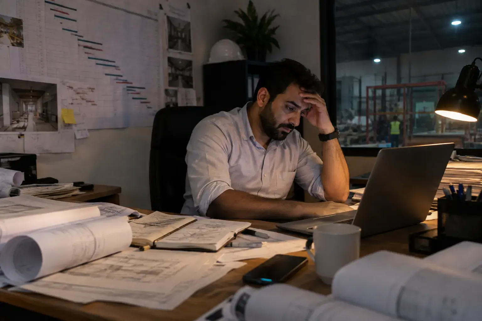 A tired project manager in an Al Quoz office with a printed programme on the wall covered in handwritten changes, rolled drawings and a phone face down.