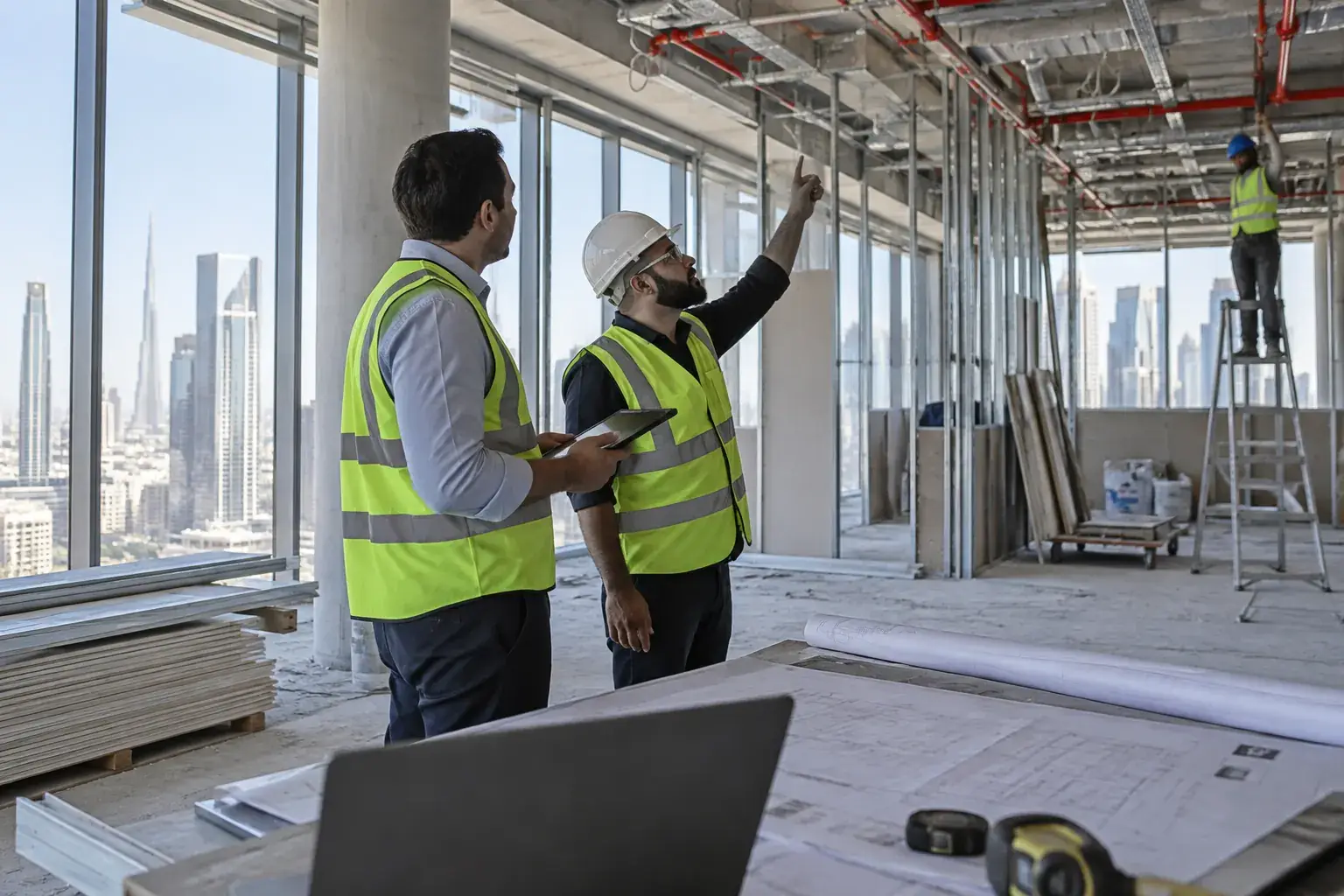 A project manager with a tablet and a site engineer in a hard hat look up at sprinkler pipes in an office fit-out on a high floor of a DIFC tower.
