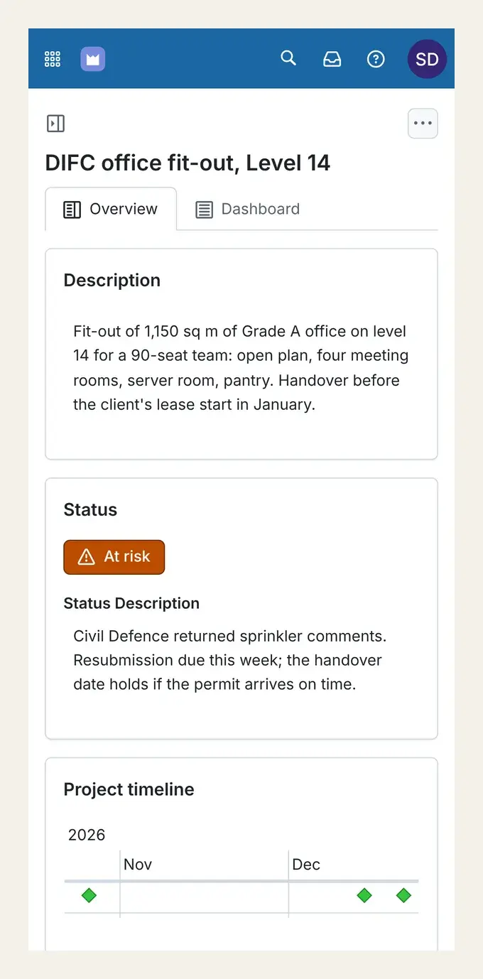 Read-only client view on a phone: DIFC office fit-out, Level 14, status At risk with the note about Civil Defence sprinkler comments, and the project timeline.