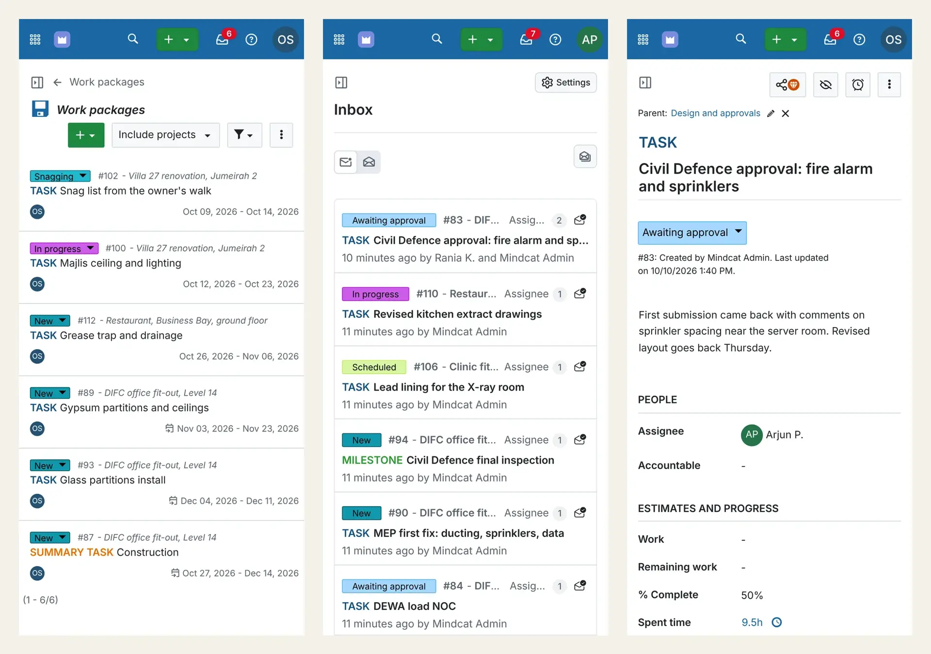 Three phone screens: a site engineer’s task list across three jobs, an inbox of updates, and the Civil Defence approval task.