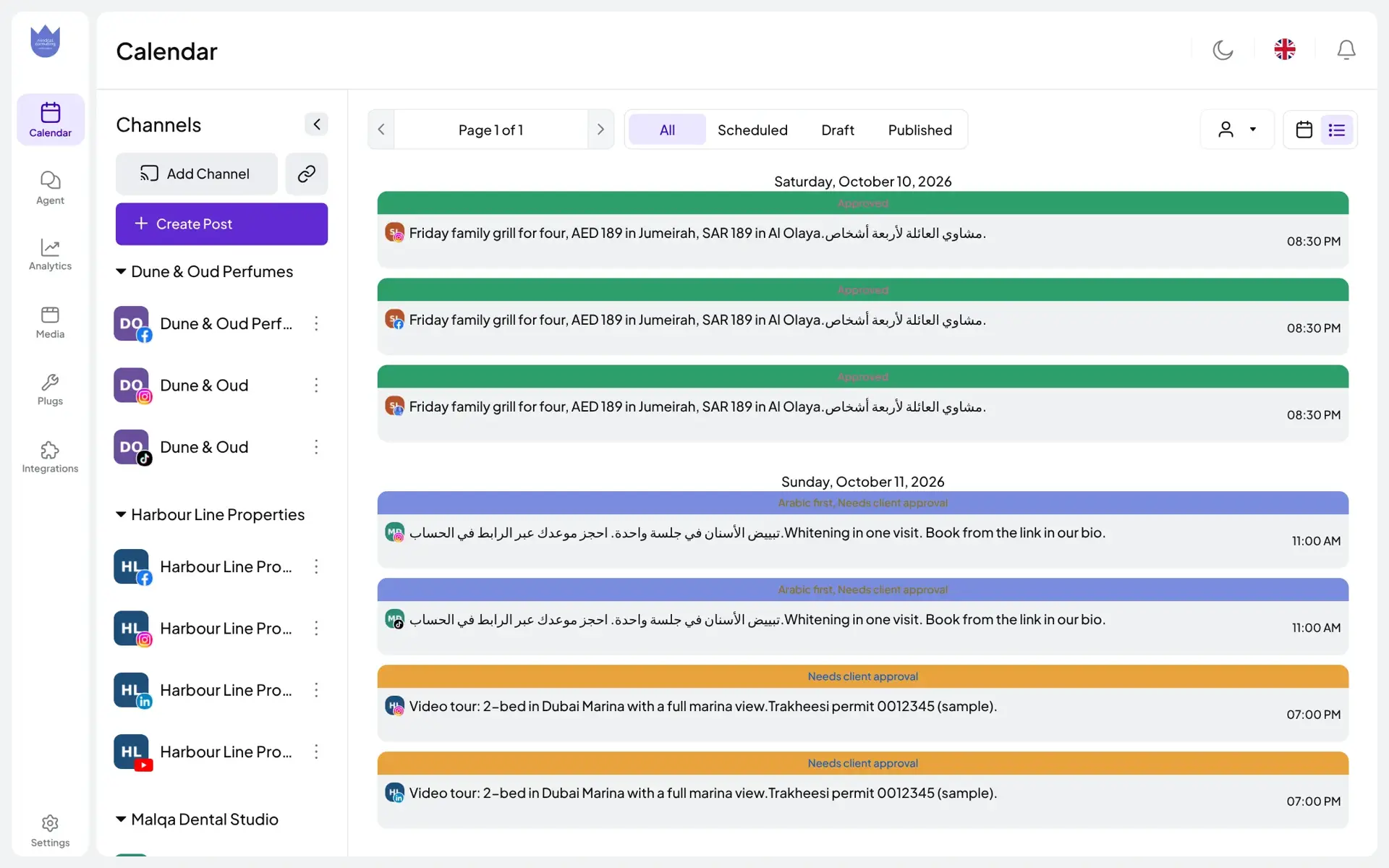 Mindcat Social list view for a sample agency: posts for a Jumeirah restaurant, a Riyadh dental clinic and a Dubai Marina brokerage in date order, in English and Arabic, tagged Approved, Arabic first and Needs client approval, with their times.