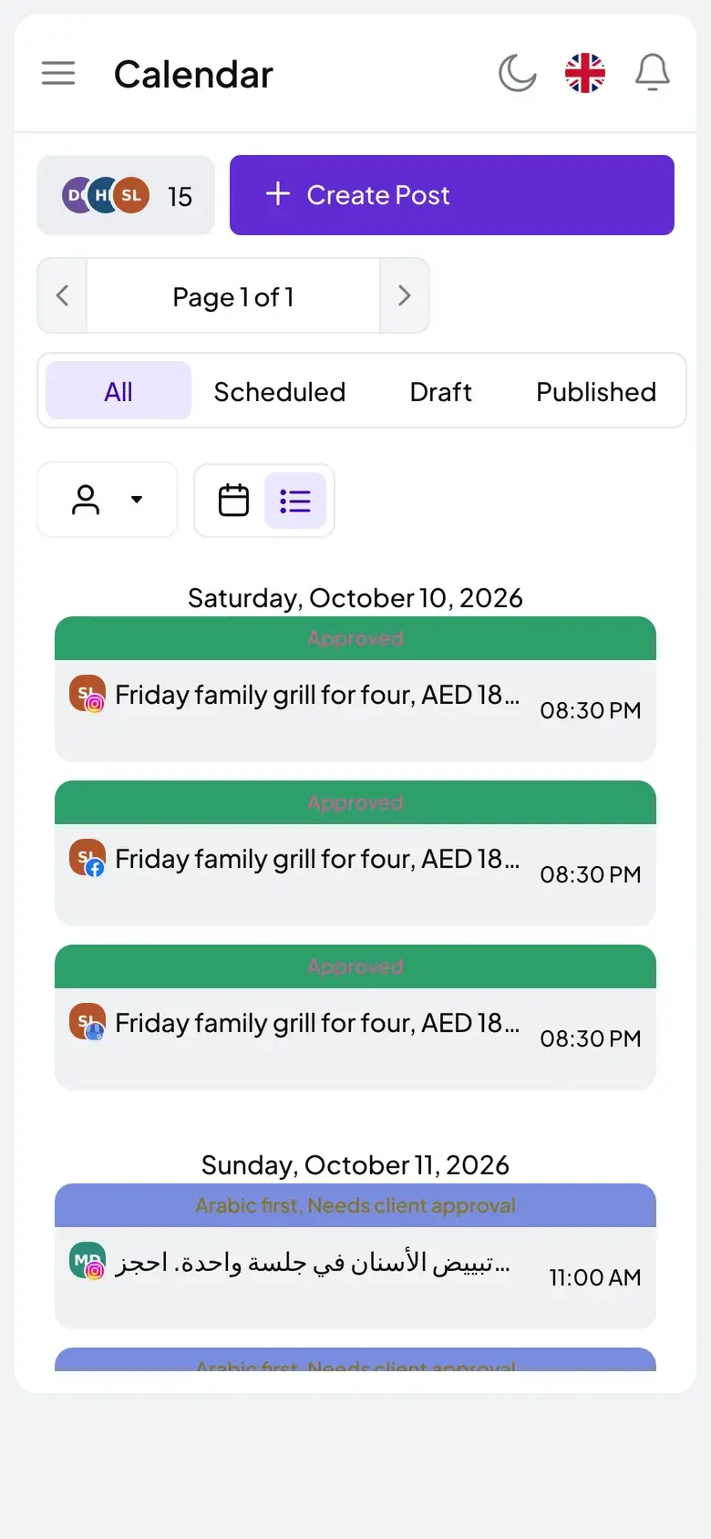 Mindcat Social on a phone: the list of upcoming posts for a sample agency with Approved and Arabic first, Needs client approval tags and their times.