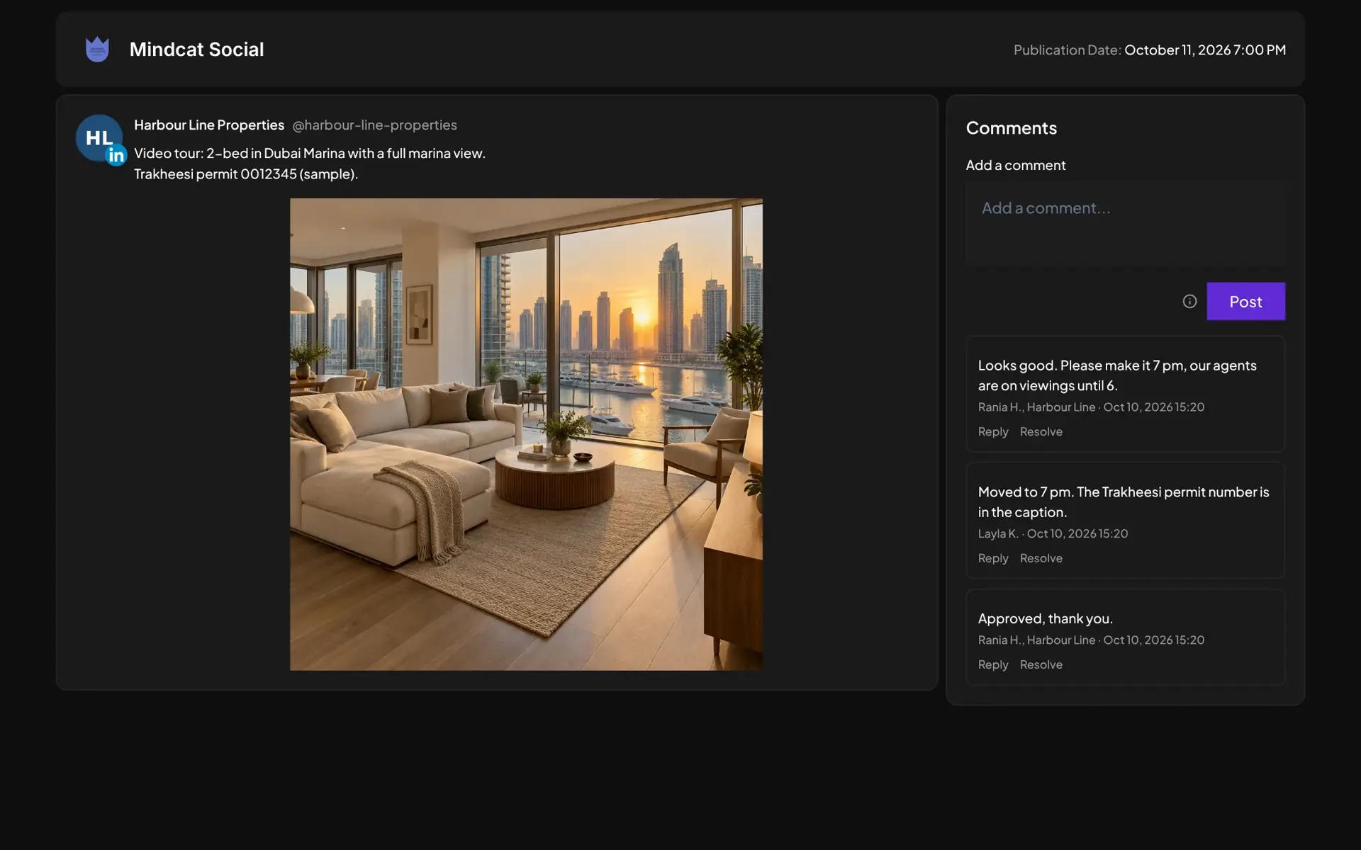 Mindcat Social preview page on a laptop: a Harbour Line Properties LinkedIn post with a Dubai Marina apartment photo and three comments asking for 7 pm, confirming the move and approving.