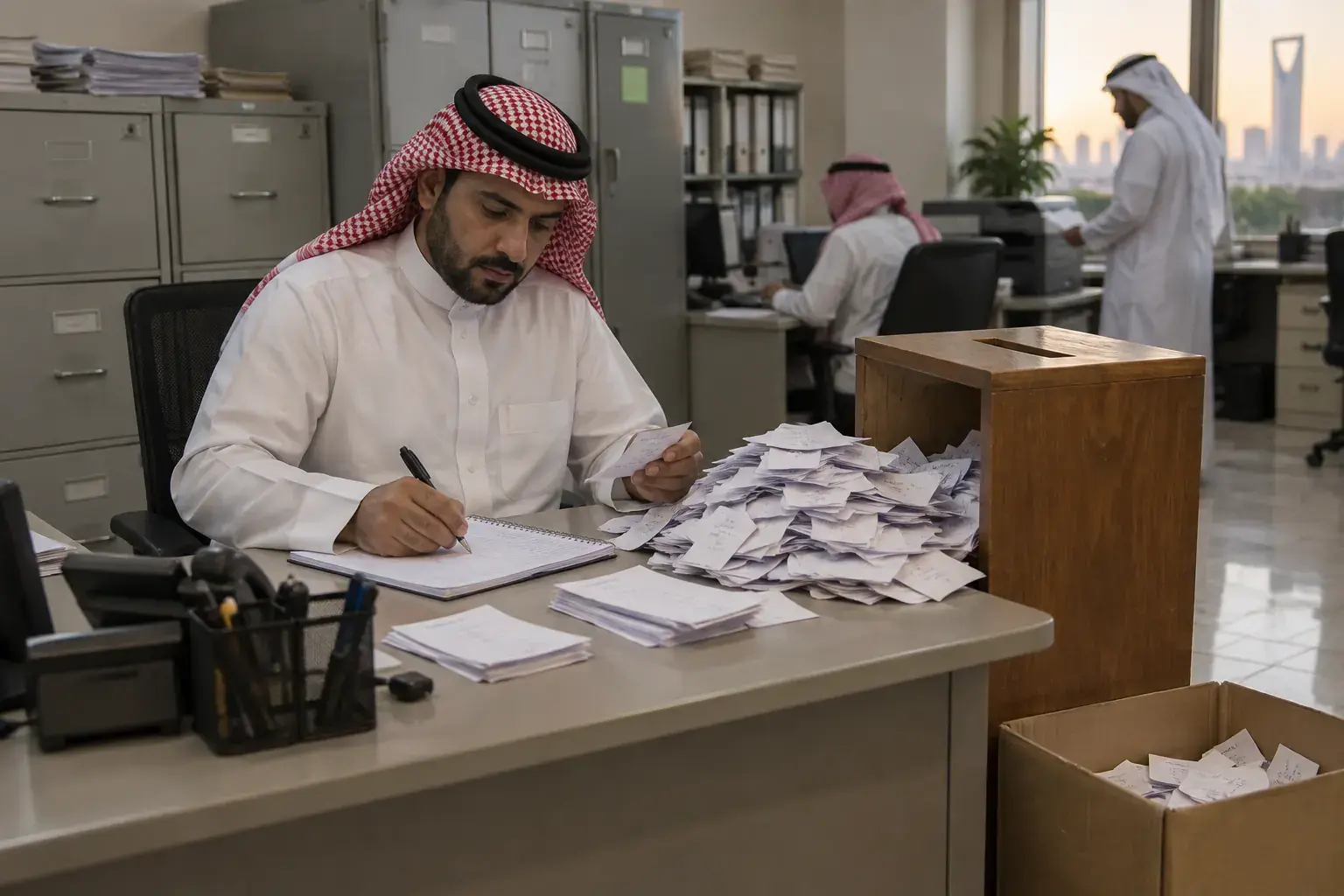 A supervisor in a thobe and red shemagh sorts a heap of handwritten comment cards from a wooden suggestion box in a Riyadh back office, tallying them in a notebook.