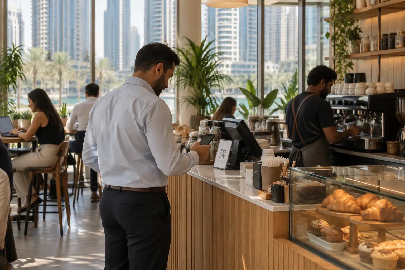 A customer in office clothes scans a small printed code card beside the till of a coffee shop in Jumeirah Lakes Towers while the barista works the espresso machine.