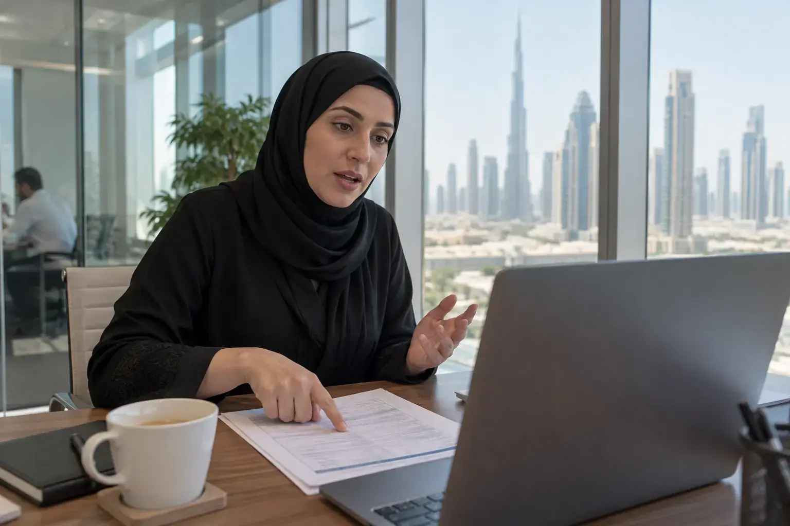 A quality manager in a black shayla points at a printed questionnaire with handwritten notes during a video call at her desk in a Dubai office tower, a coffee cup beside her.