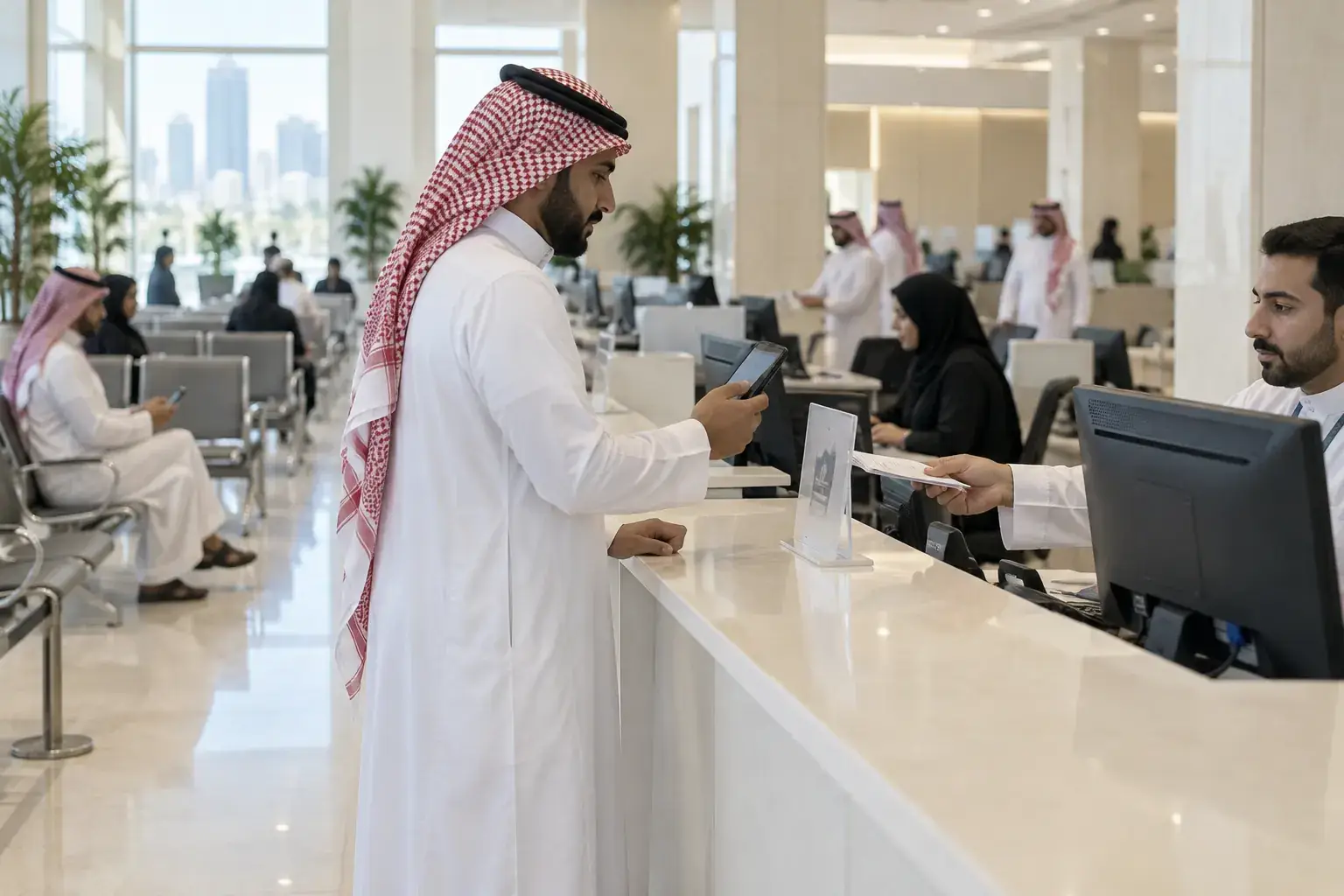 A Saudi man in a thobe and shemagh holds his phone up to a small printed code on the counter of a busy service centre hall in Riyadh while an employee hands back his documents.