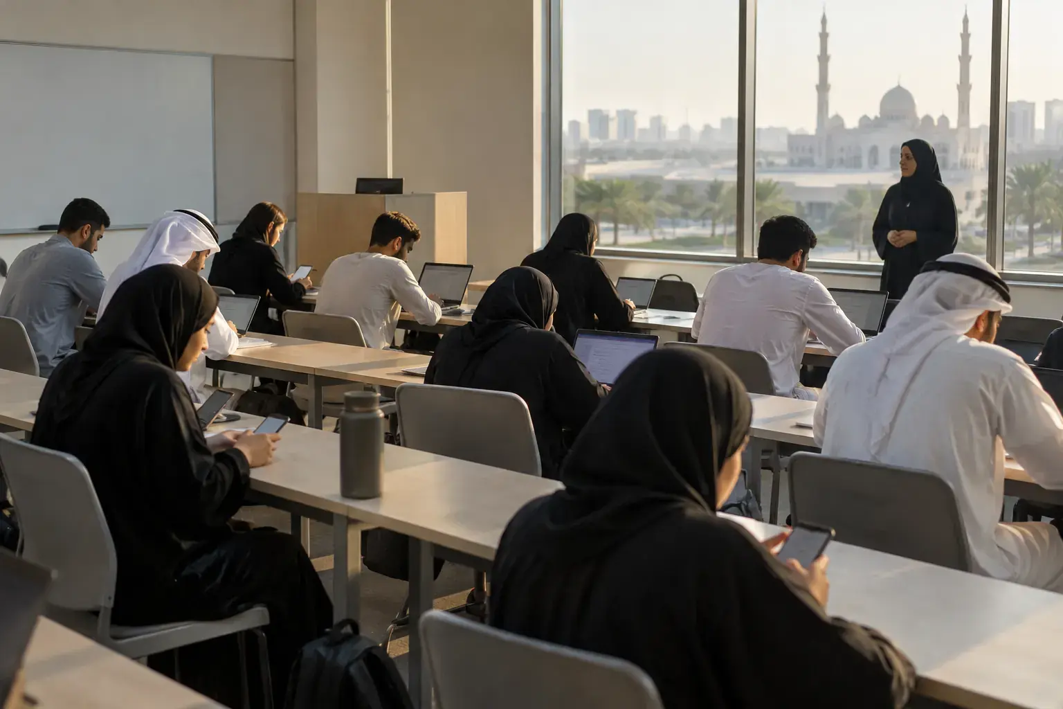 Students in abayas and kanduras answer a short form on their phones and laptops in a Sharjah university classroom while the lecturer waits by the window.