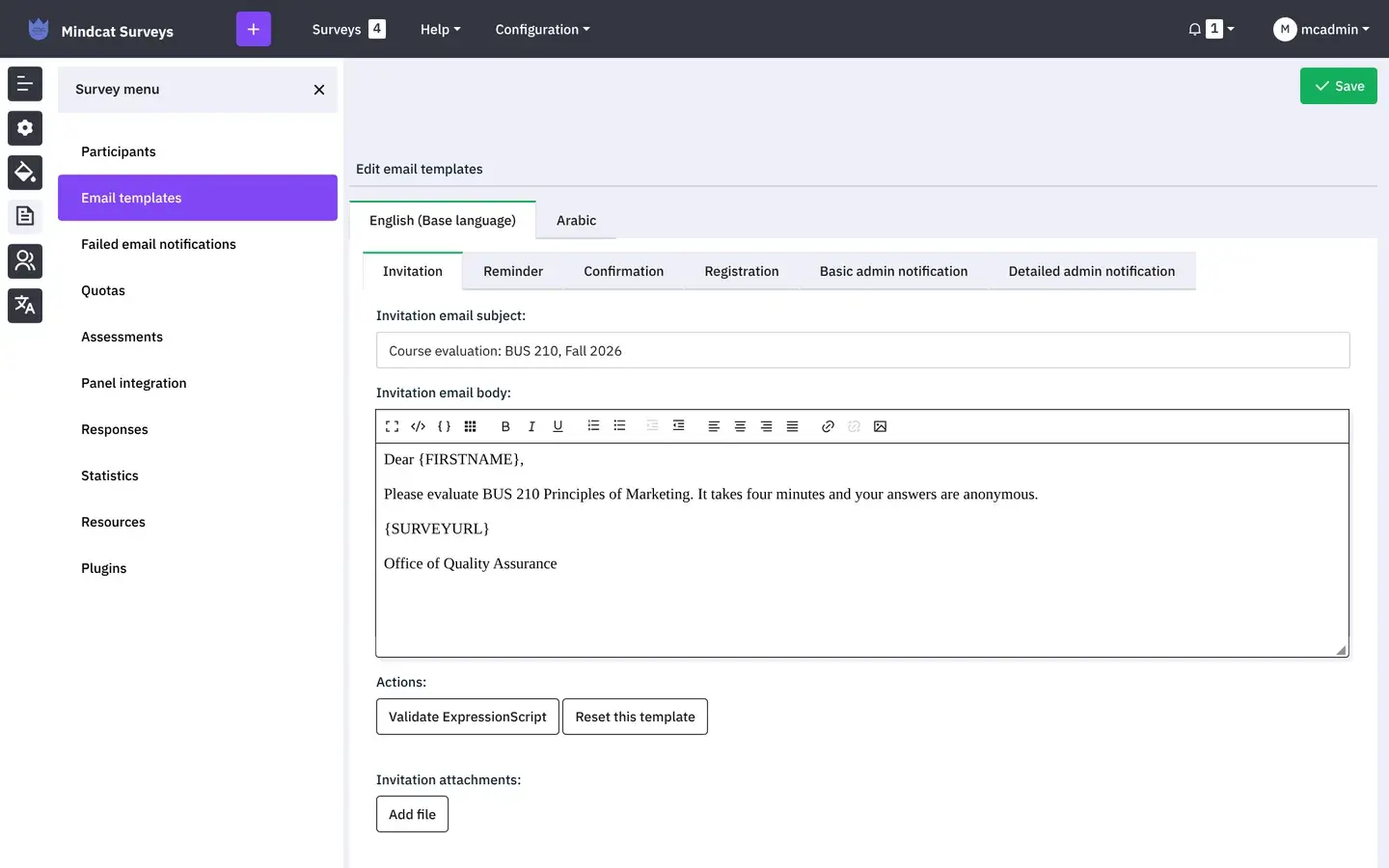 Mindcat Surveys email templates for a sample course evaluation: the invitation subject Course evaluation BUS 210 Fall 2026, the body addressed to the student by first name with the survey link, and tabs for reminder and confirmation in English and Arabic.