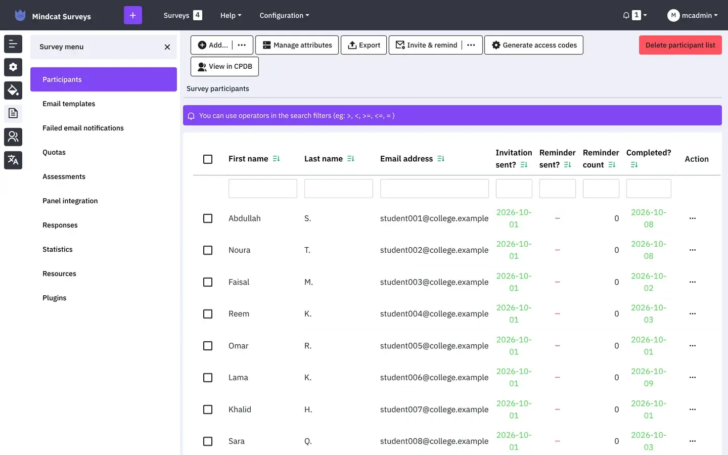 Mindcat Surveys participants list for a sample course evaluation: student names with initials, college email addresses, invitation sent dates, reminder sent and completed dates.