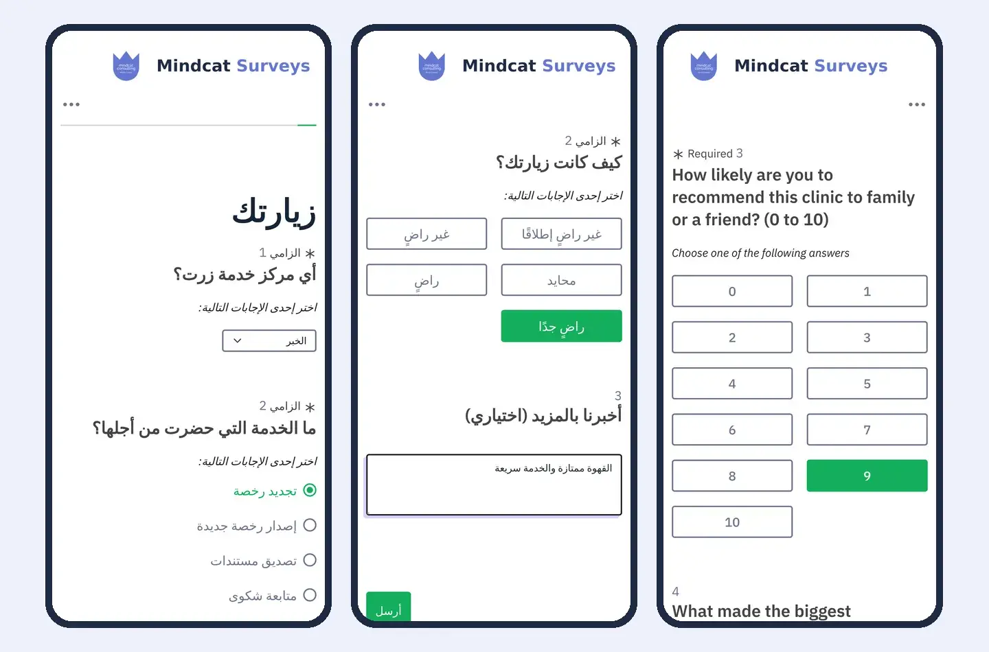 Three phone screens of Mindcat Surveys: a service-centre visitor survey in Arabic asking which centre you visited, a café survey in Arabic with very satisfied selected and a comment typed, and a clinic survey in English asking how likely you are to recommend the clinic from 0 to 10.