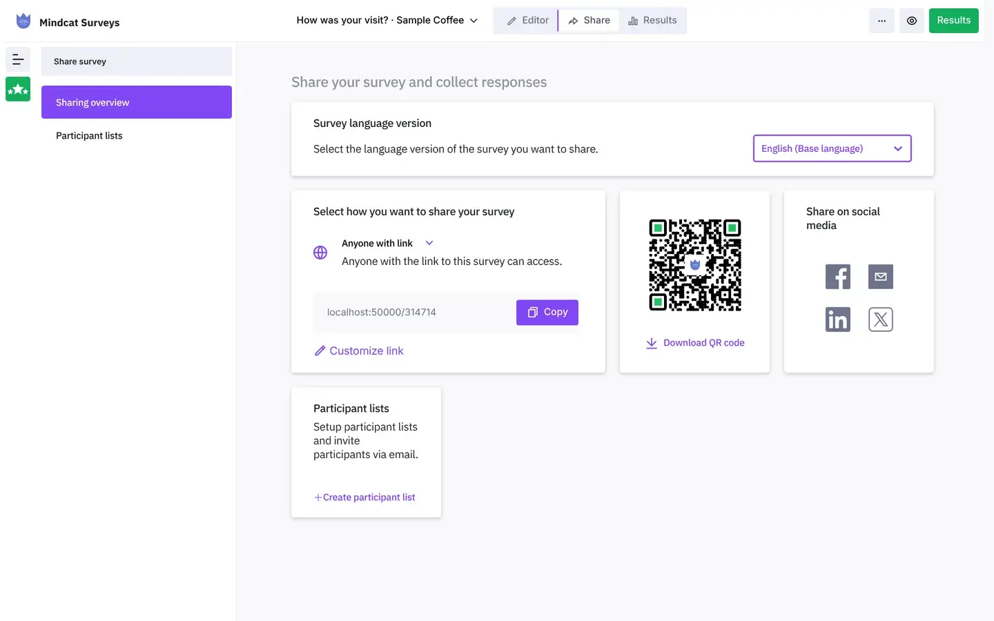 Mindcat Surveys share screen for a sample café survey: the survey link with a copy button, a QR code with a download button, the language version picker and social sharing.