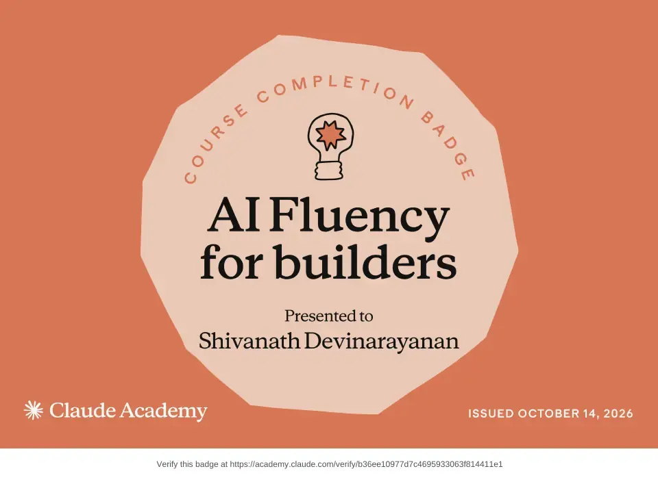 Course badge: AI Fluency for Builders, issued to Shivanath Devinarayanan by Claude Academy.