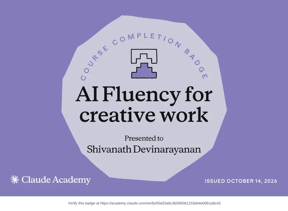 Course badge: AI Fluency for Creative Work, issued to Shivanath Devinarayanan by Claude Academy.