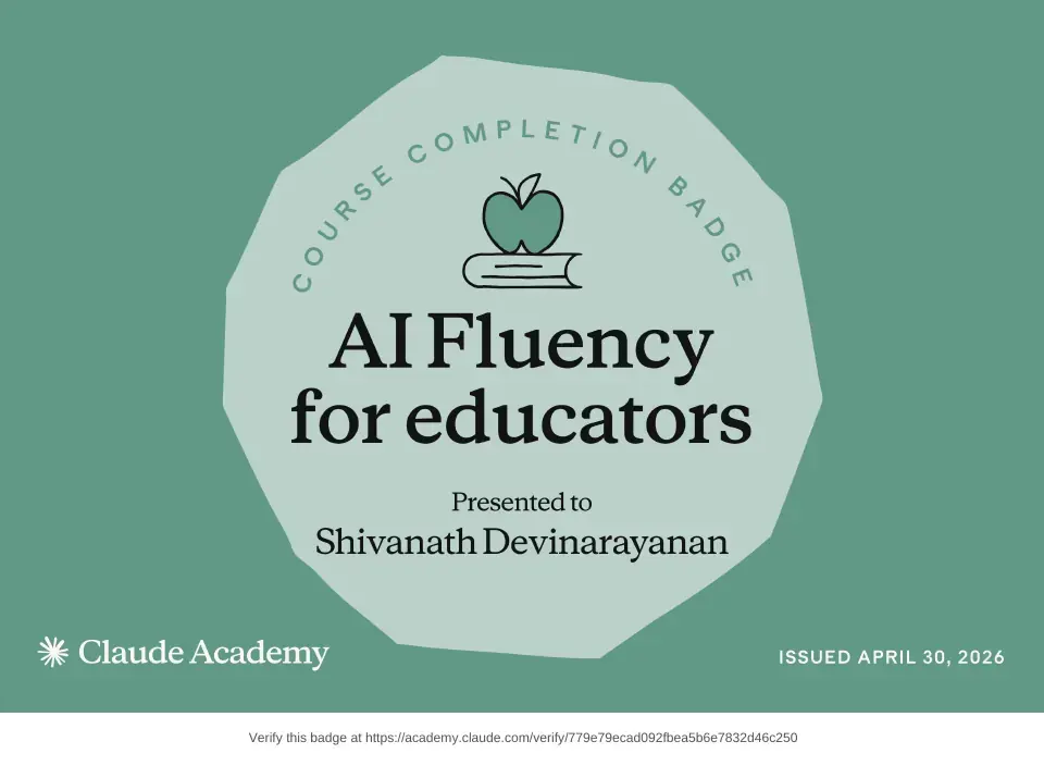 Course badge: AI Fluency for Educators, issued to Shivanath Devinarayanan by Claude Academy.