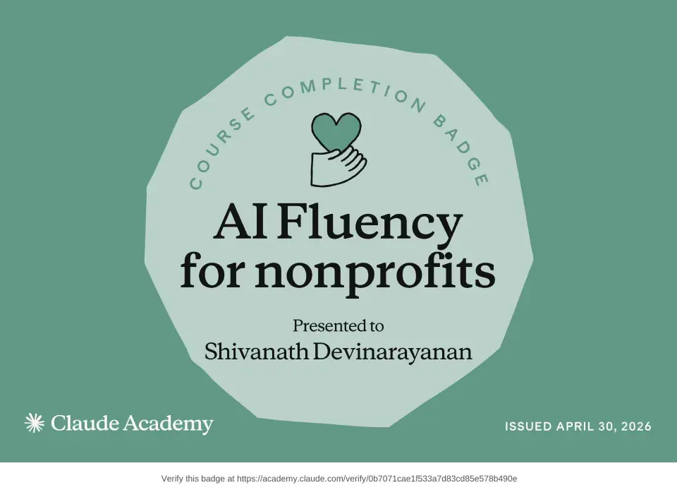 Course badge: AI Fluency for Nonprofits, issued to Shivanath Devinarayanan by Claude Academy.