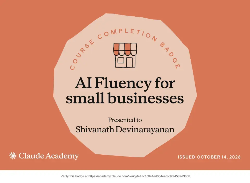 Course badge: AI Fluency for Small Businesses, issued to Shivanath Devinarayanan by Claude Academy.