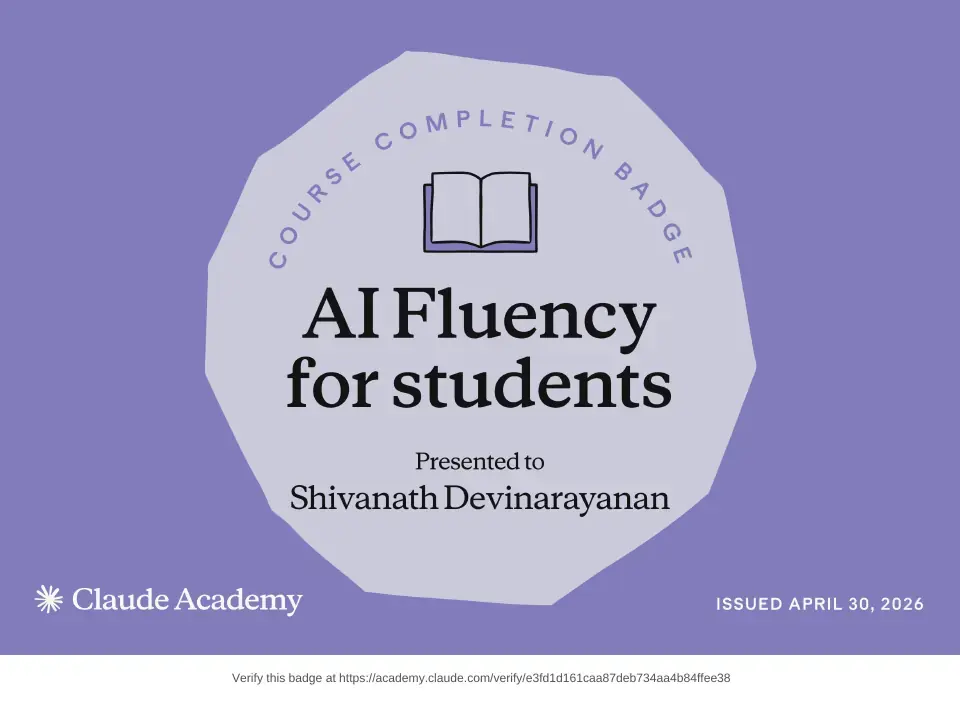 Course badge: AI Fluency for Students, issued to Shivanath Devinarayanan by Claude Academy.