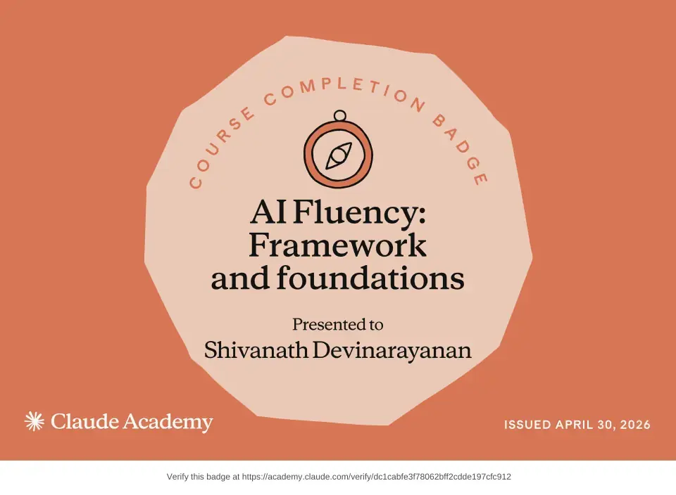 Course badge: AI Fluency: Framework and Foundations, issued to Shivanath Devinarayanan by Claude Academy.