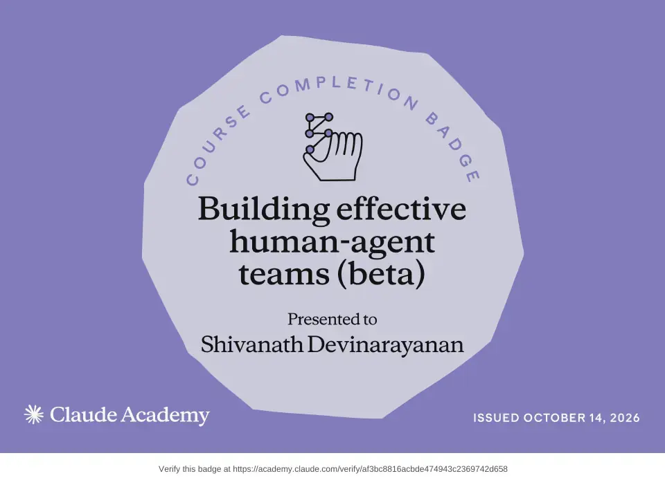 Course badge: Building Effective Human-Agent Teams, issued to Shivanath Devinarayanan by Claude Academy.