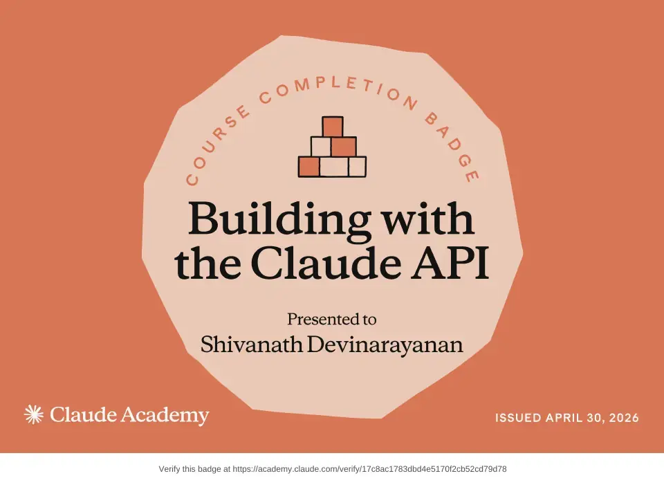 Course badge: Building with the Claude API, issued to Shivanath Devinarayanan by Claude Academy.