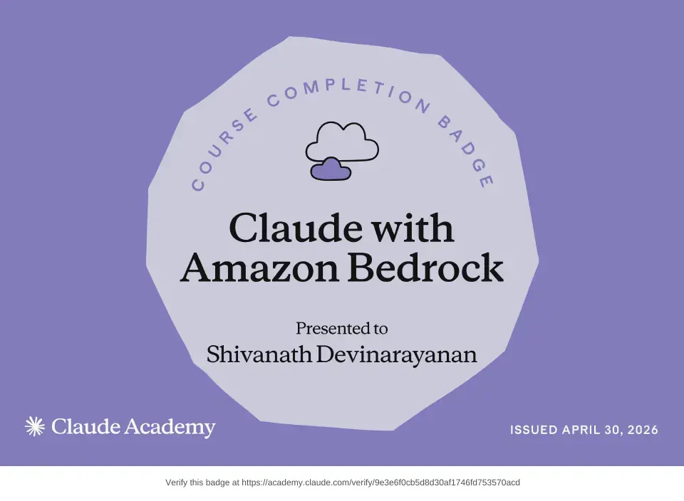 Course badge: Claude with Amazon Bedrock, issued to Shivanath Devinarayanan by Claude Academy.