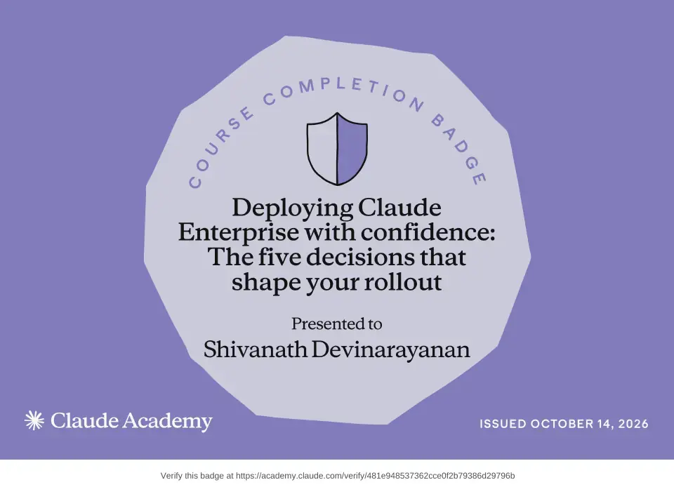 Course badge: Deploying Claude Enterprise with Confidence, issued to Shivanath Devinarayanan by Claude Academy.