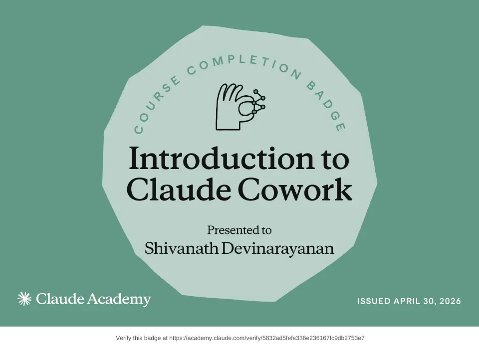 Course badge: Introduction to Claude Cowork, issued to Shivanath Devinarayanan by Claude Academy.
