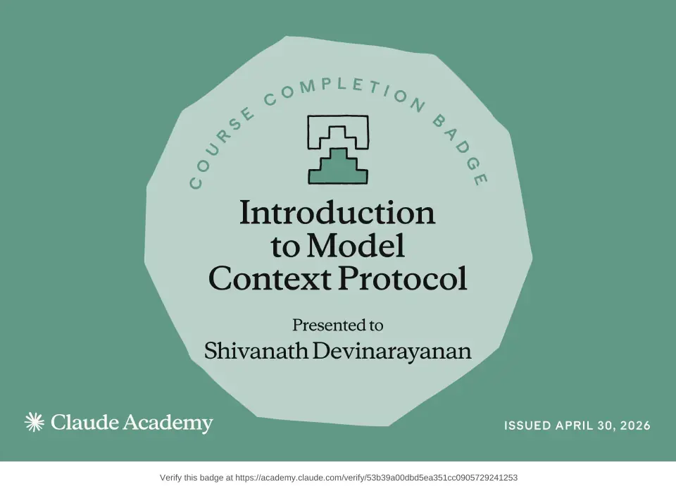 Course badge: Introduction to Model Context Protocol, issued to Shivanath Devinarayanan by Claude Academy.