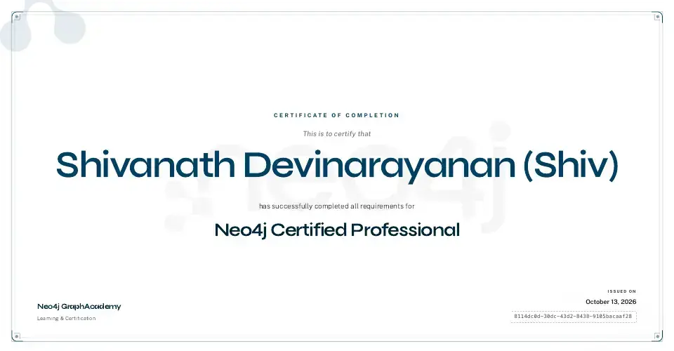 Certificate: Neo4j Certified Professional, issued to Shivanath Devinarayanan by Neo4j GraphAcademy.