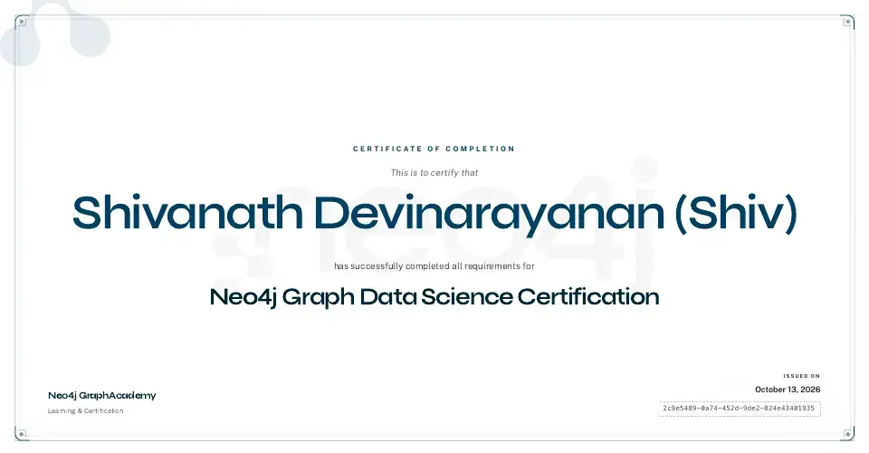 Certificate: Neo4j Graph Data Science Certification, issued to Shivanath Devinarayanan by Neo4j GraphAcademy.