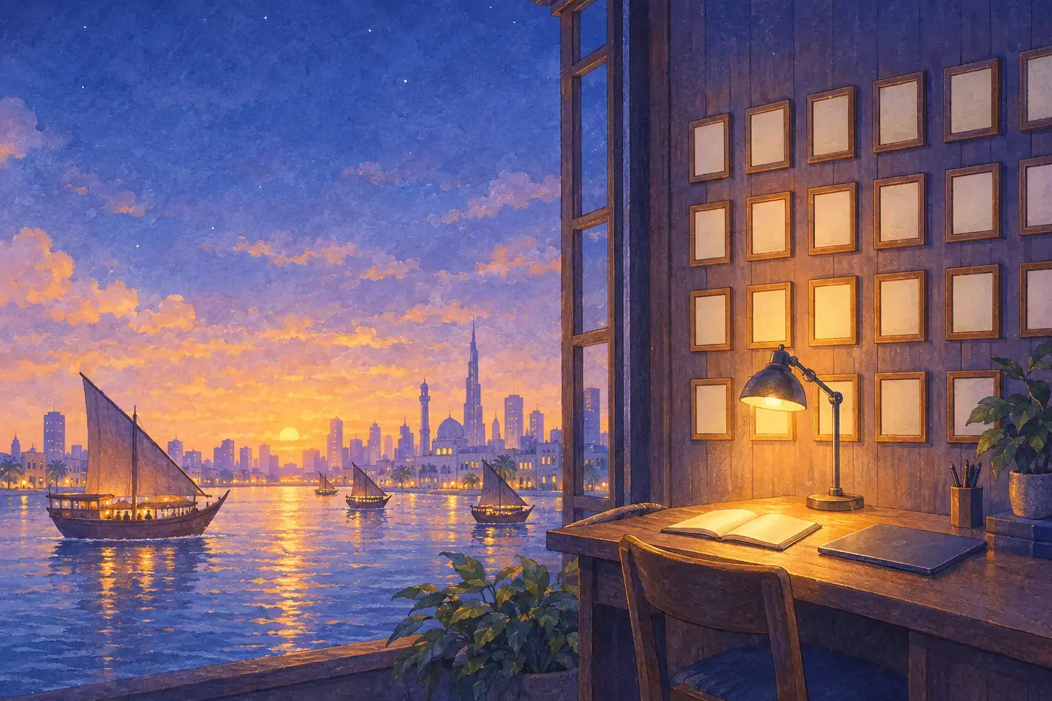 A watercolour of a lamplit desk under a wall of small framed certificates, dhows on Dubai Creek at dusk through the window.