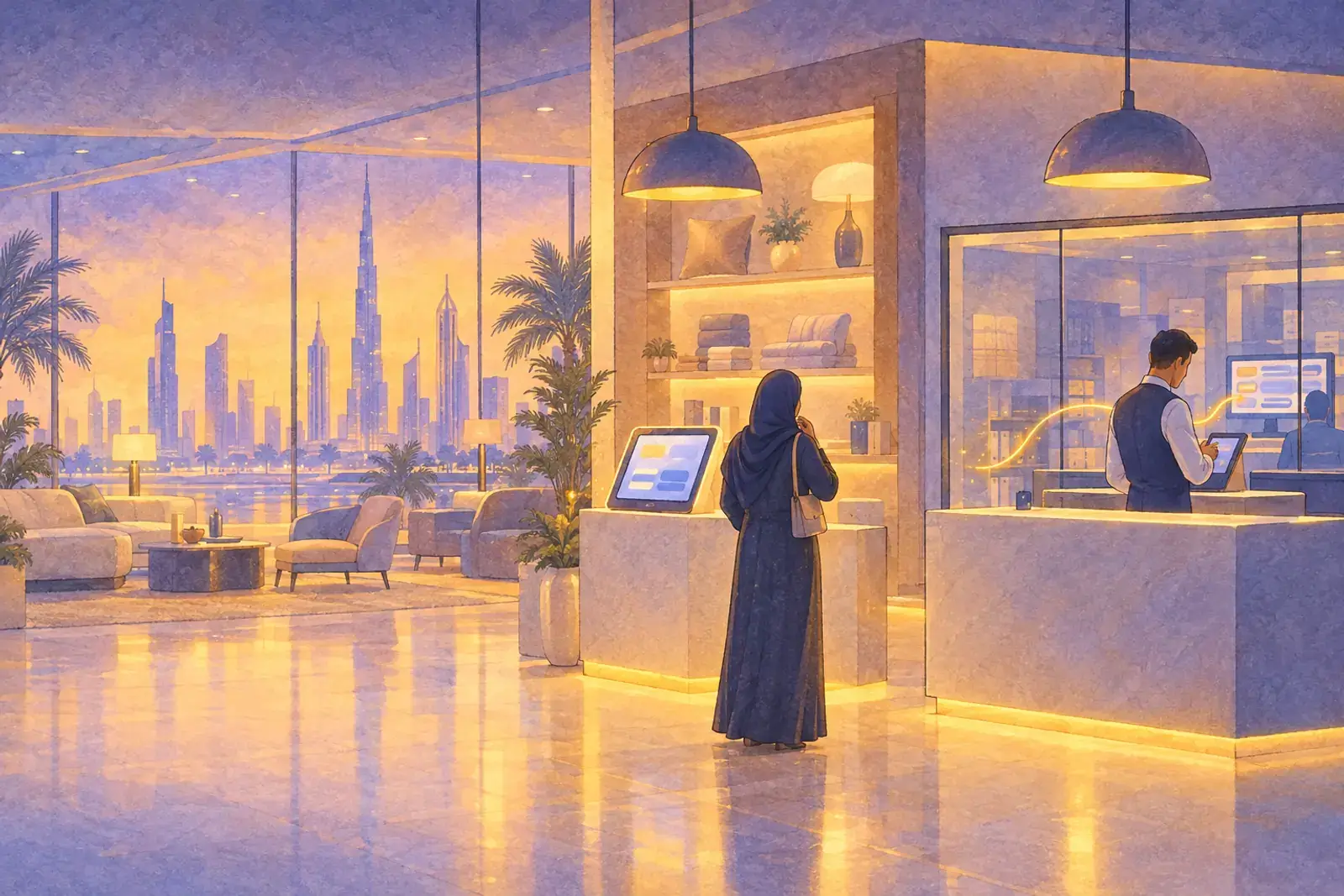 A showroom with a self-service kiosk at one counter and a staff member with a tablet at the other, linked by a thread of light to a back-office screen.