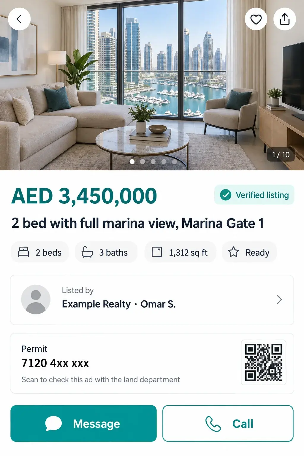 A phone screen of a portal listing: a marina-view living room photo, AED 3,450,000, "2 bed with full marina view, Marina Gate 1", 2 beds, 3 baths, 1,312 sq ft, ready, listed by Example Realty, the permit number with a QR code to check the ad, and Message and Call buttons.