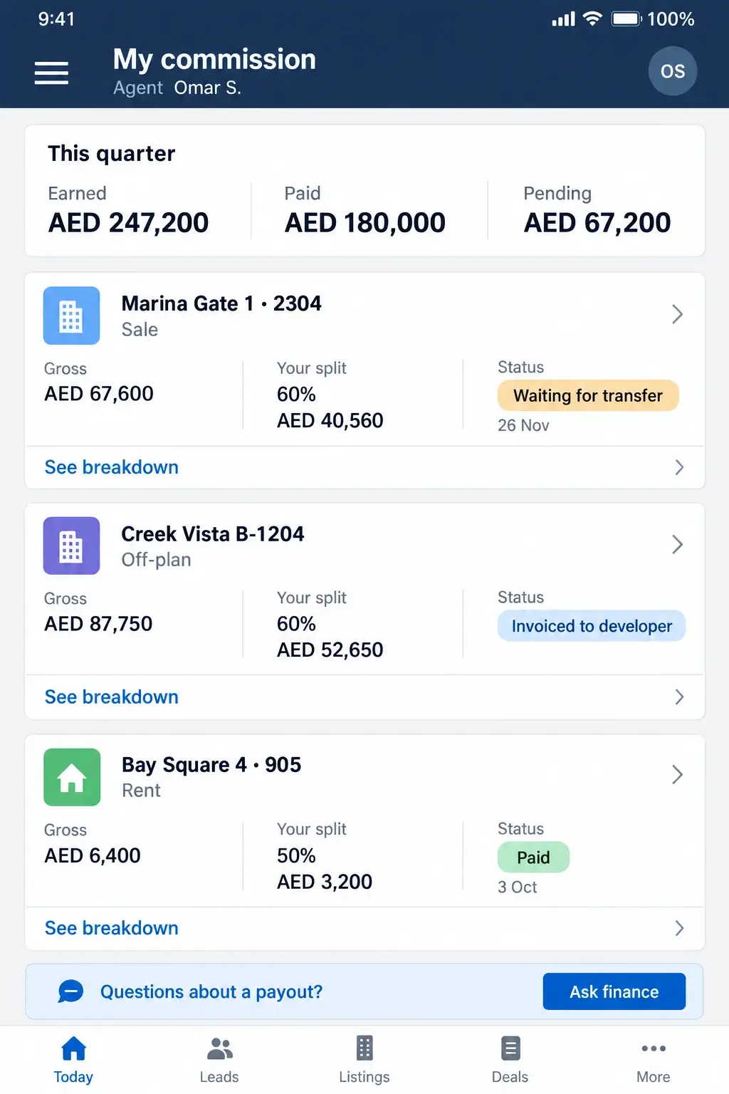 A phone screen for an agent: earned, paid and pending this quarter, then each deal with gross commission, the agent’s split and amount, and its status (waiting for transfer, invoiced to the developer, paid), with a button to ask finance.