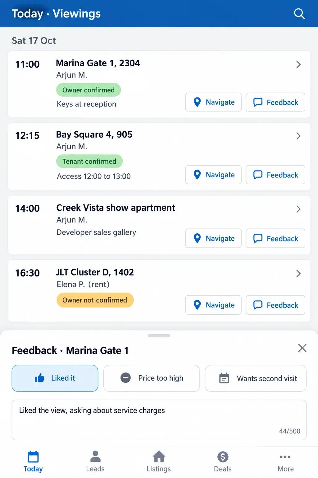 A phone agenda for Saturday: four viewings with owner or tenant confirmation, key and access notes, a developer show apartment, Navigate and Feedback buttons, and a feedback sheet open with "Liked it" selected and a note about service charges.